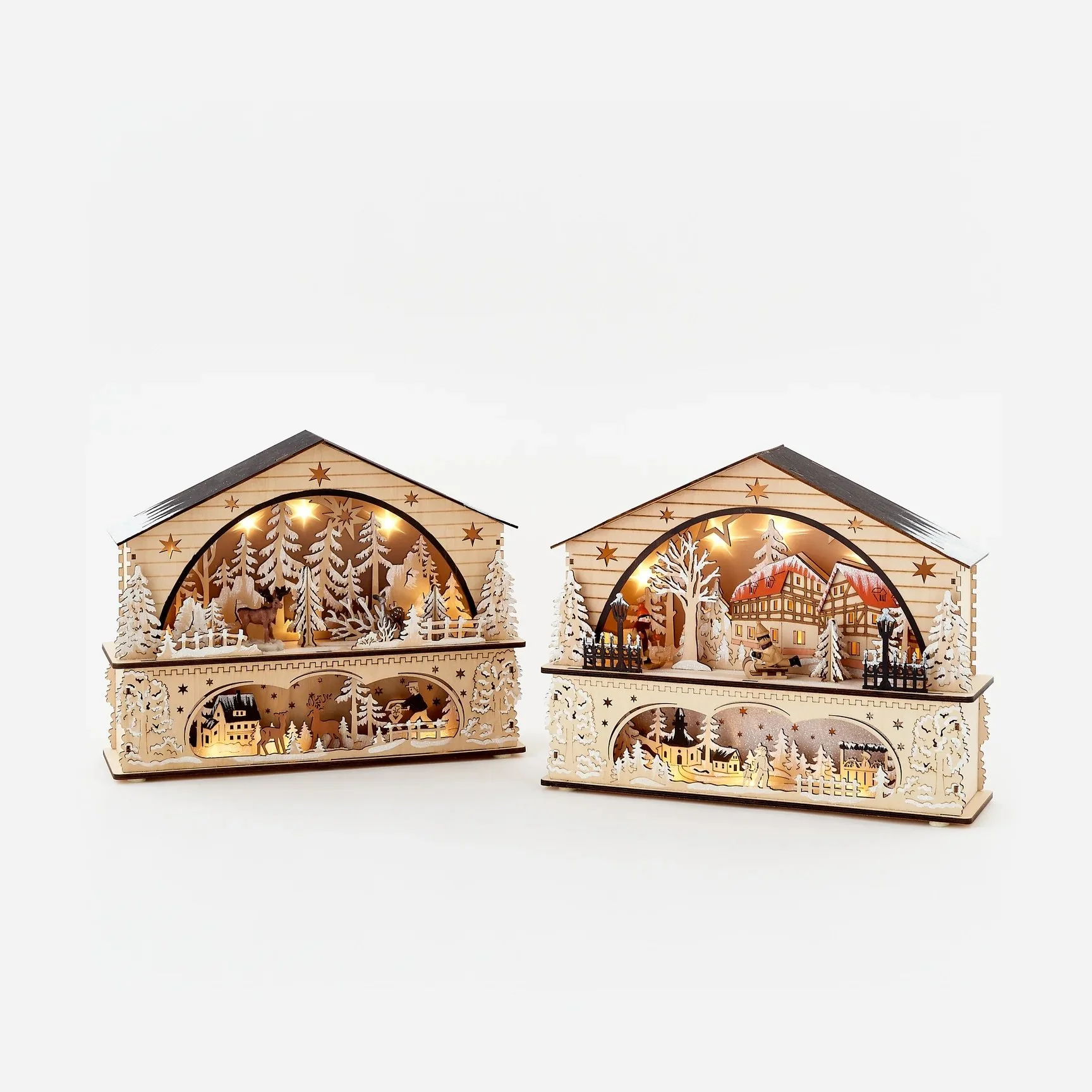 Barvarian 2-Tier Holiday Scene w/LED Lights and Timer, 2 Designs