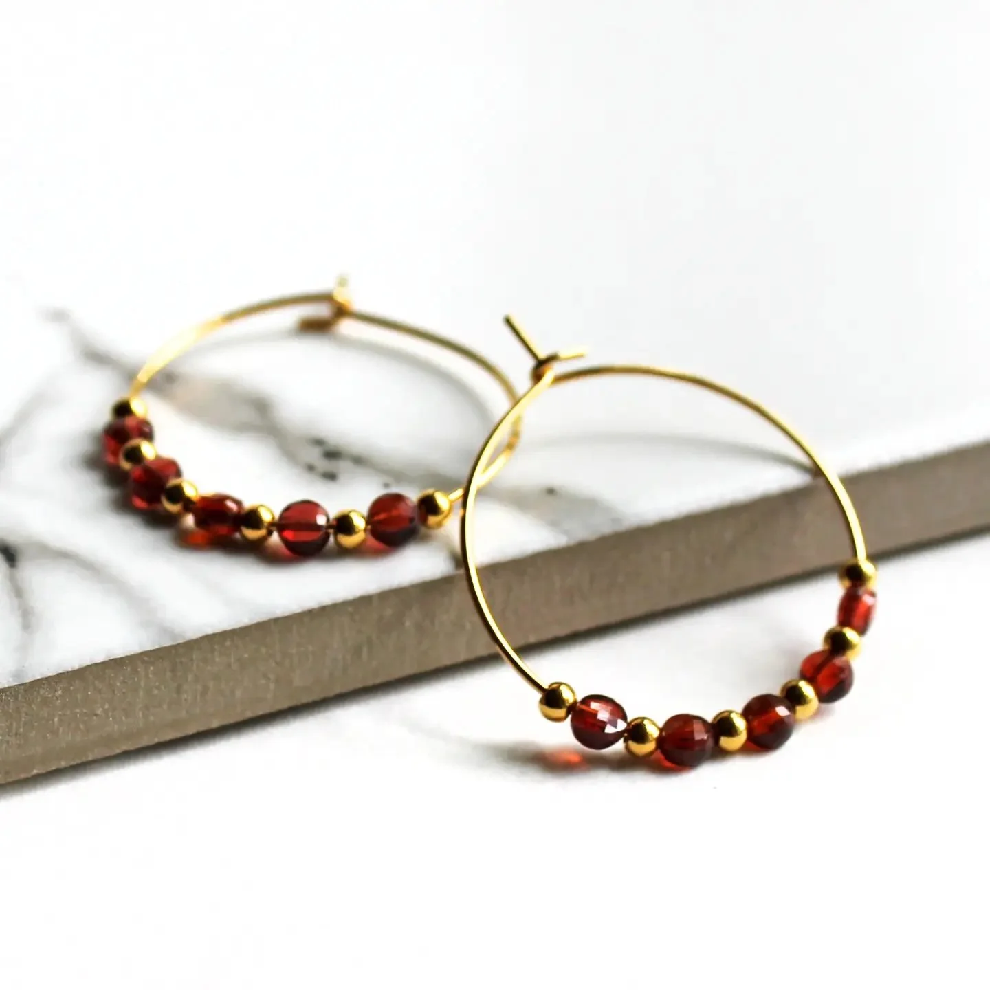 Garnet and Gold Bead Hoop Earrings