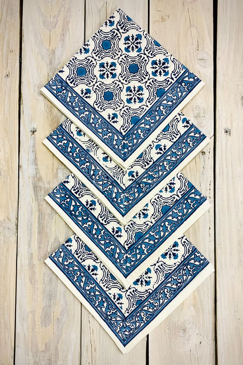 Block Print Blue Floral Napkins, Set/4