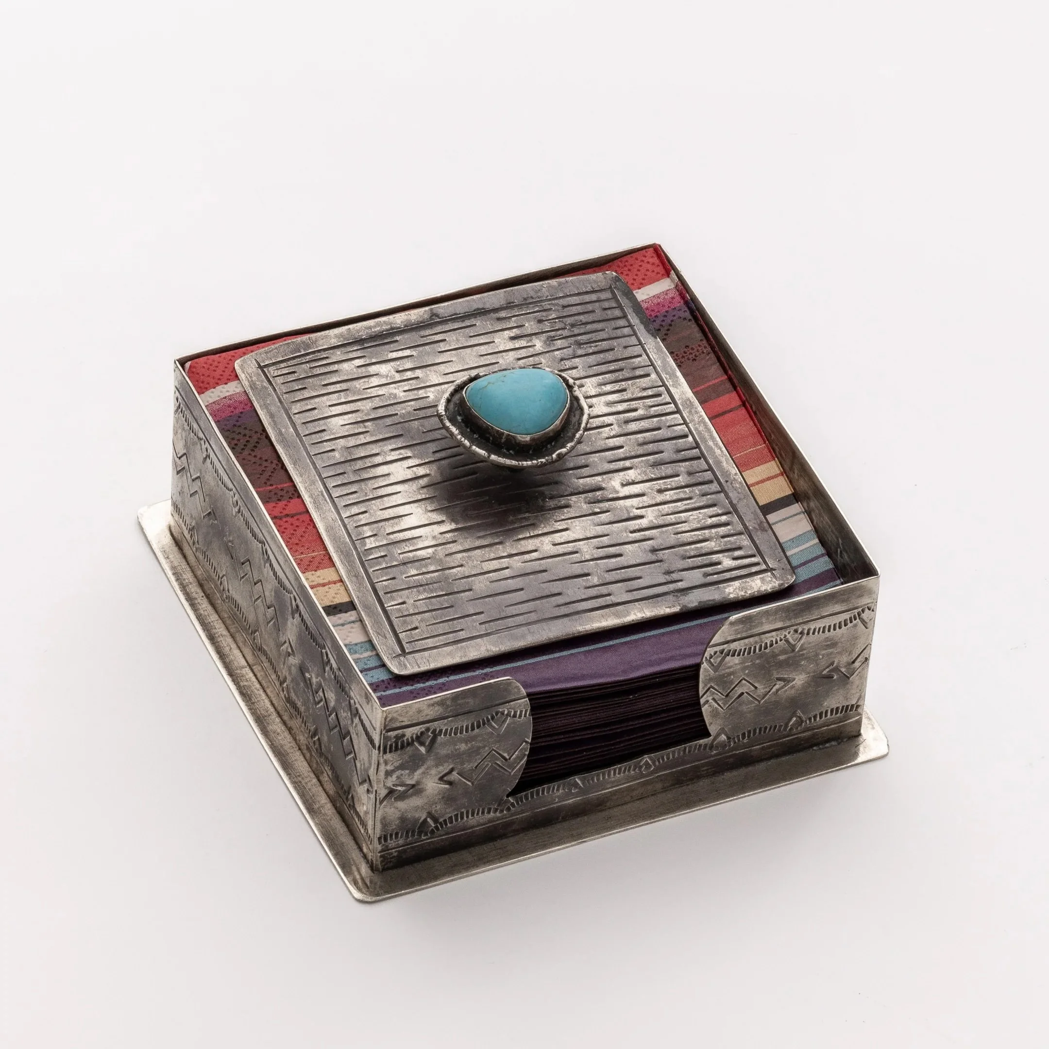 Stamped Silver Lidded Cocktail Napkin Holder w/Turquoise