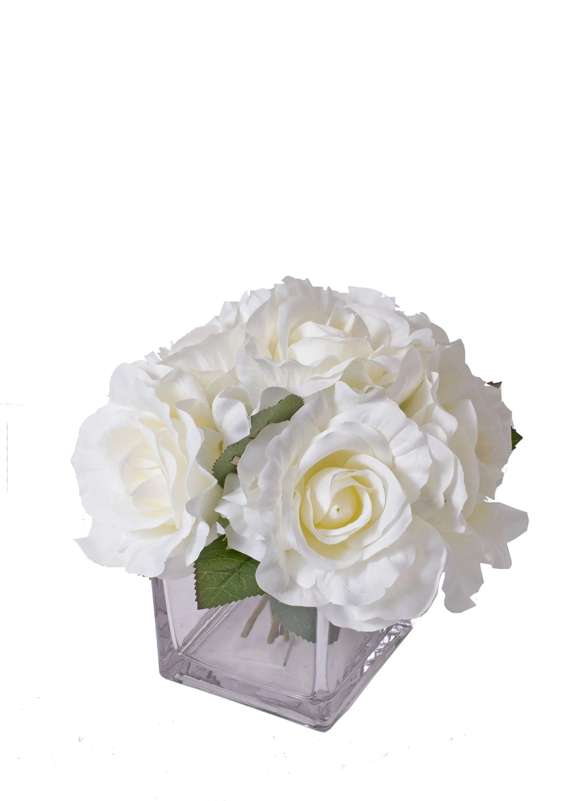 White Rose Arrangement in Square Glass Vase