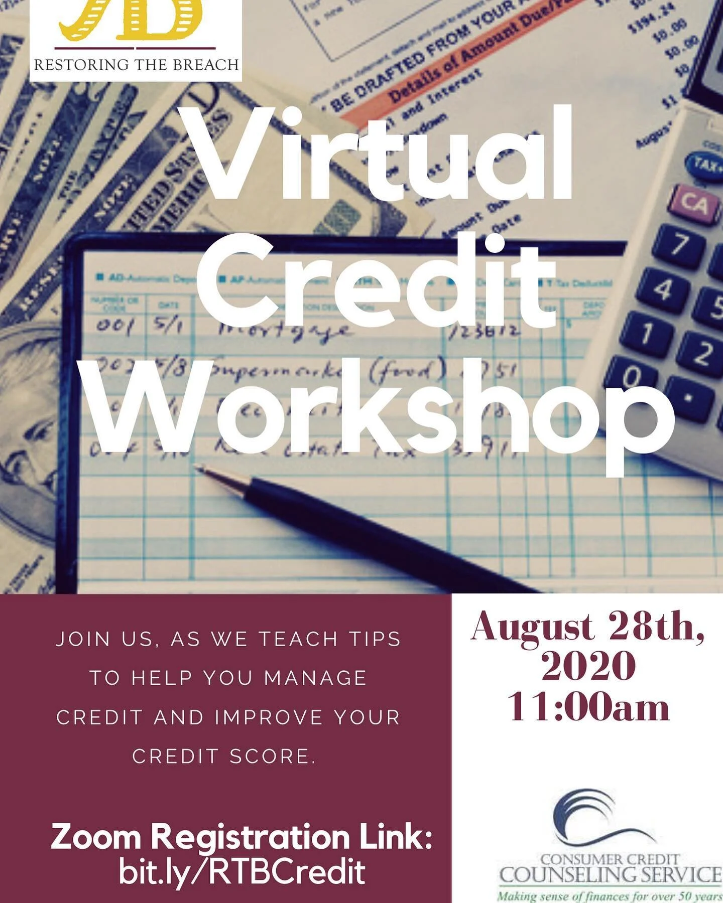 Join us next Friday, August 28th at 11am as we partner with Consumer Credit Counseling of Savannah to host a virtual credit workshop! Learn tips to help you manage your credit, as well as improve you credit score. Register for the zoom at bit.ly/RTBC