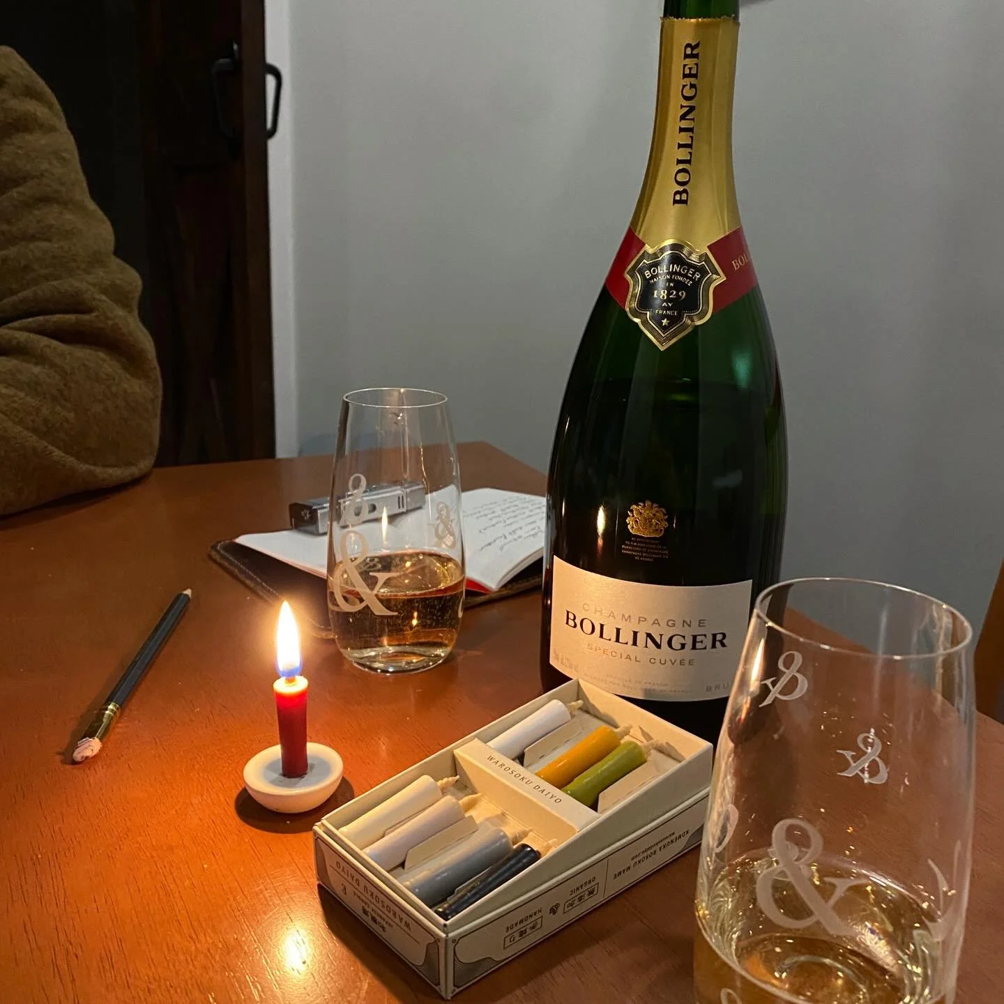 An ideal date night? Two writers, working on their respective projects (his: a screenplay, mine: a novel), sipping on champagne, and writing until the candle goes out. 🕯️ Cheers, @itsjonrobertson -- couldn't have written a better story for us. 🥂

#
