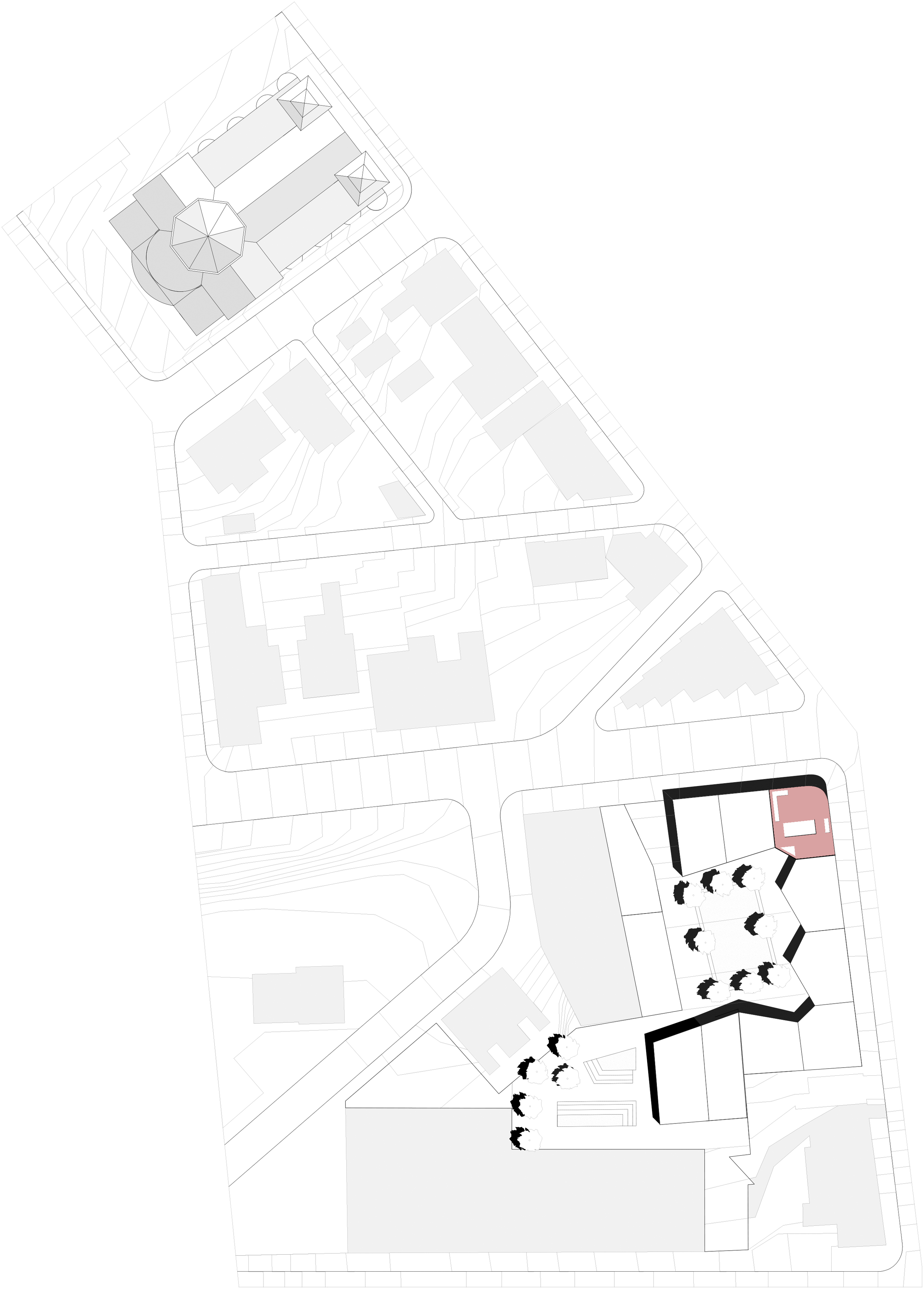 1/32” = 1’-0” Scale site plan.The church to the Northwest of our site heavily influenced our master-plan.