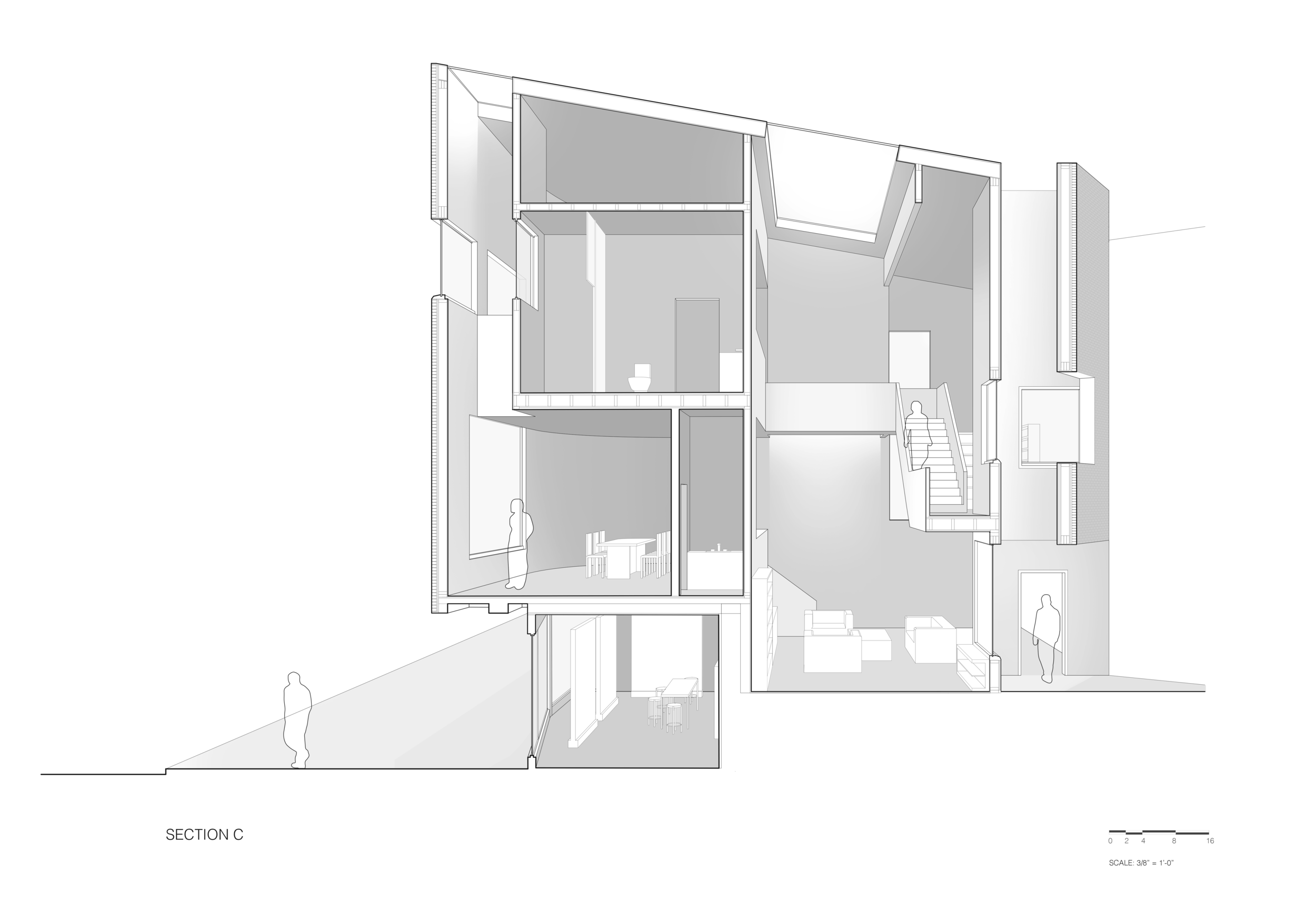 Section perspective showing the entrance light-well, the central light-well, and a light-well on the stair from the second to third level.
