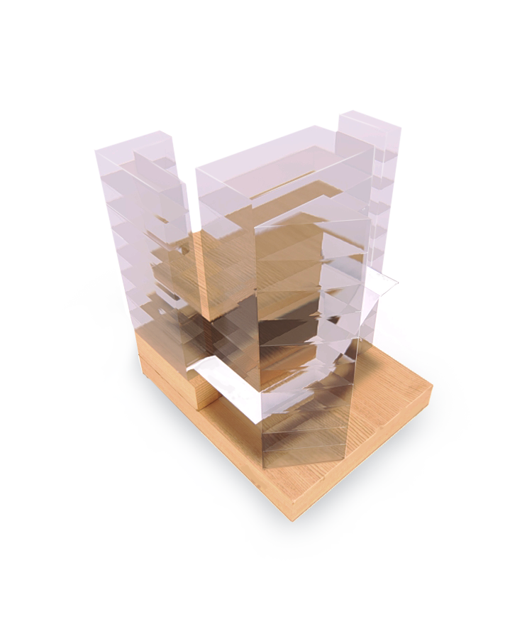 Acrylic Concept Model. The Acrylic portions represent areas underneath light shafts, and represent spaces important to the sequence of the house.