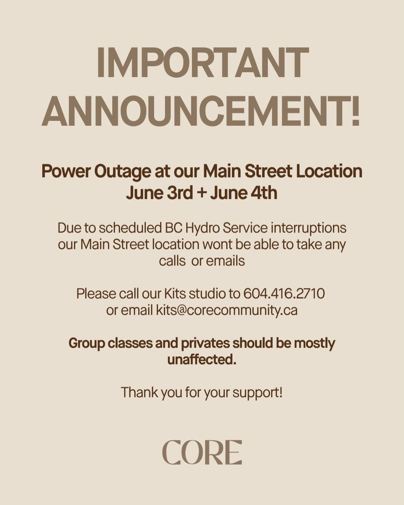 📢 💡Power Outage Notice &ndash; Main Street Location

Please be advised that our Main Street location will be affected by a scheduled power outage on June 3rd and June 4th.

During this time, our Main Street team may have limited access to phone and
