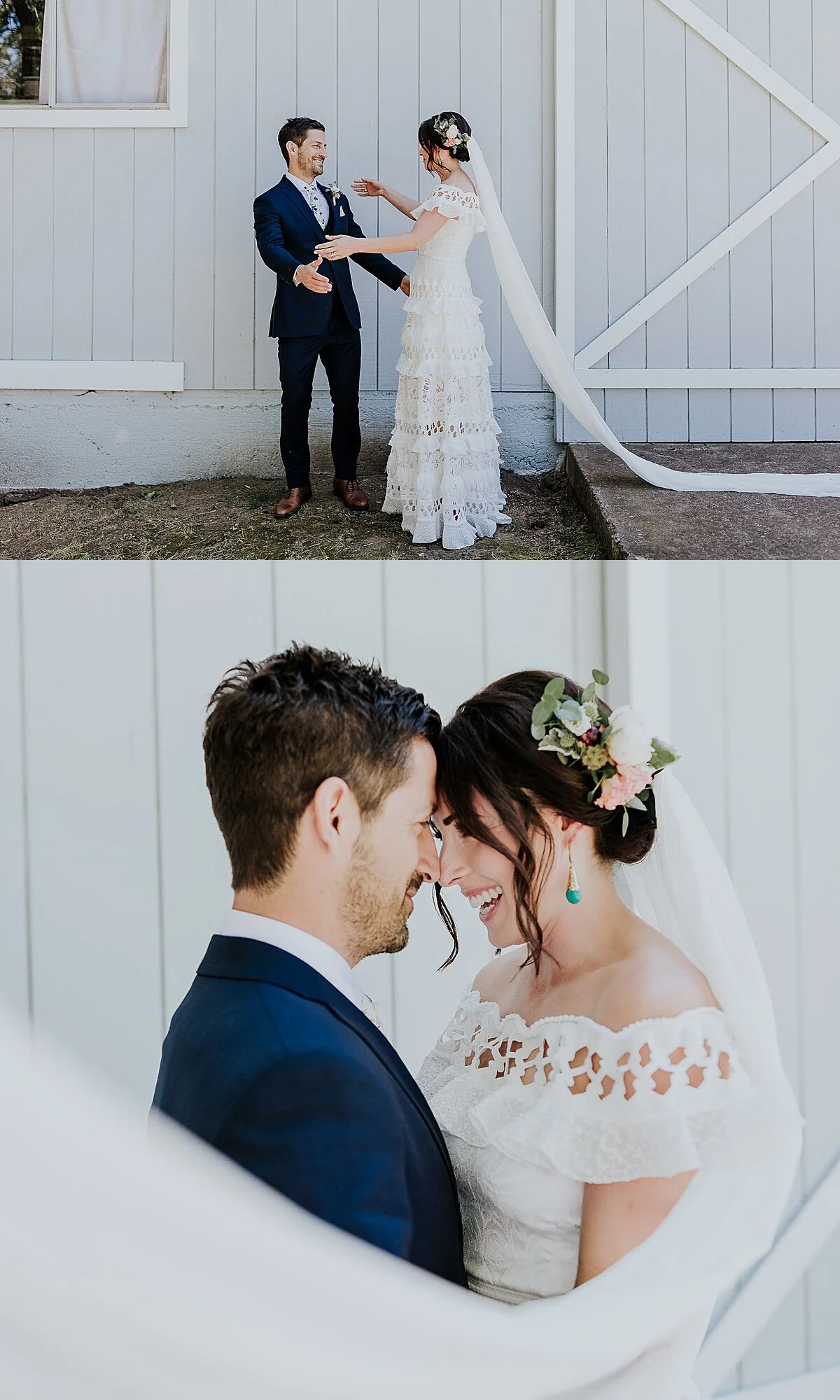 first look for bride and groom, traditional, Spanish, lace wedding gown