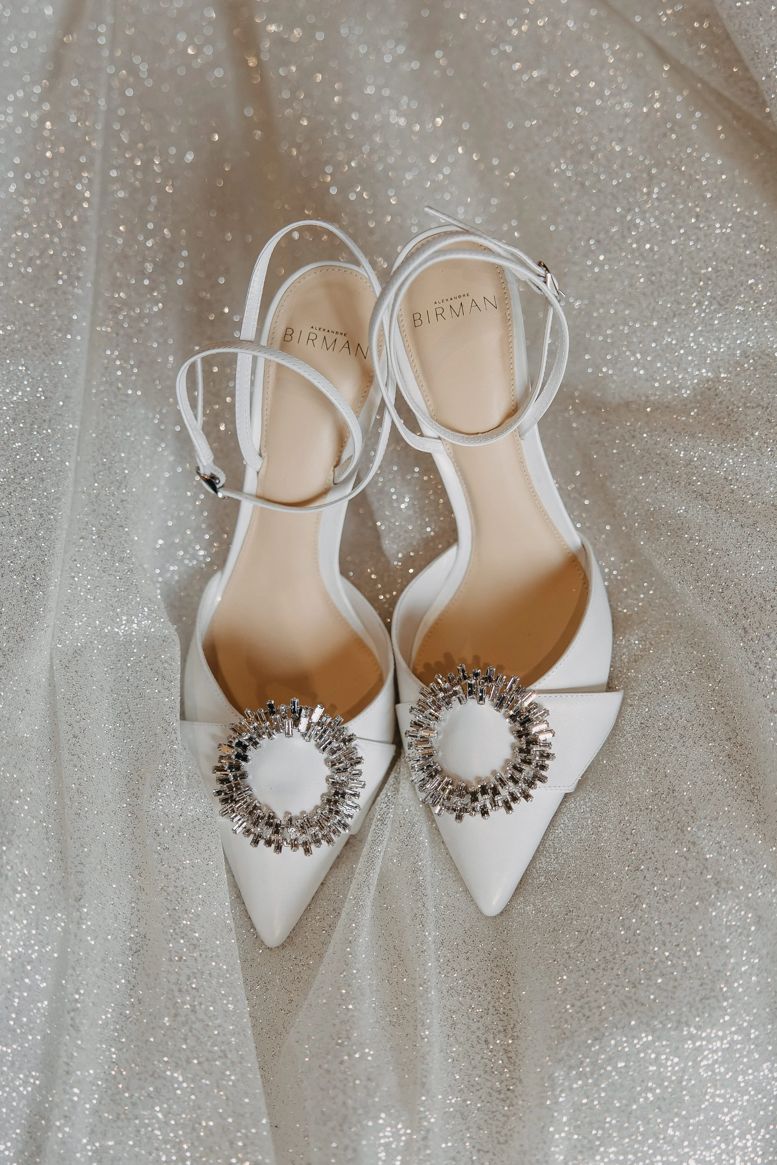 Alexandre Birman white wedding heels on sparkly wedding gown wedding photo detail shot