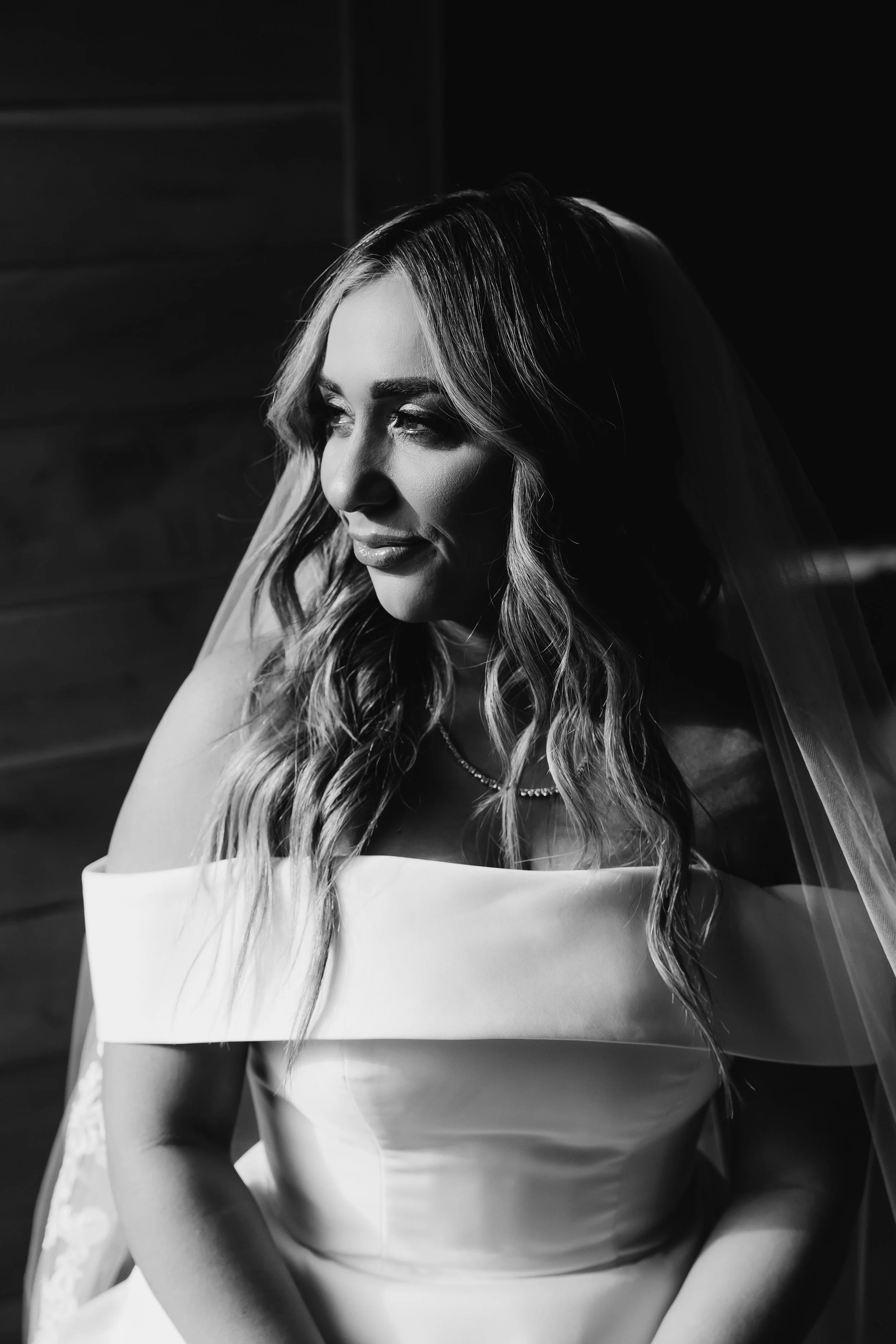 Black and white bridal portrait of bride before winter winery wedding