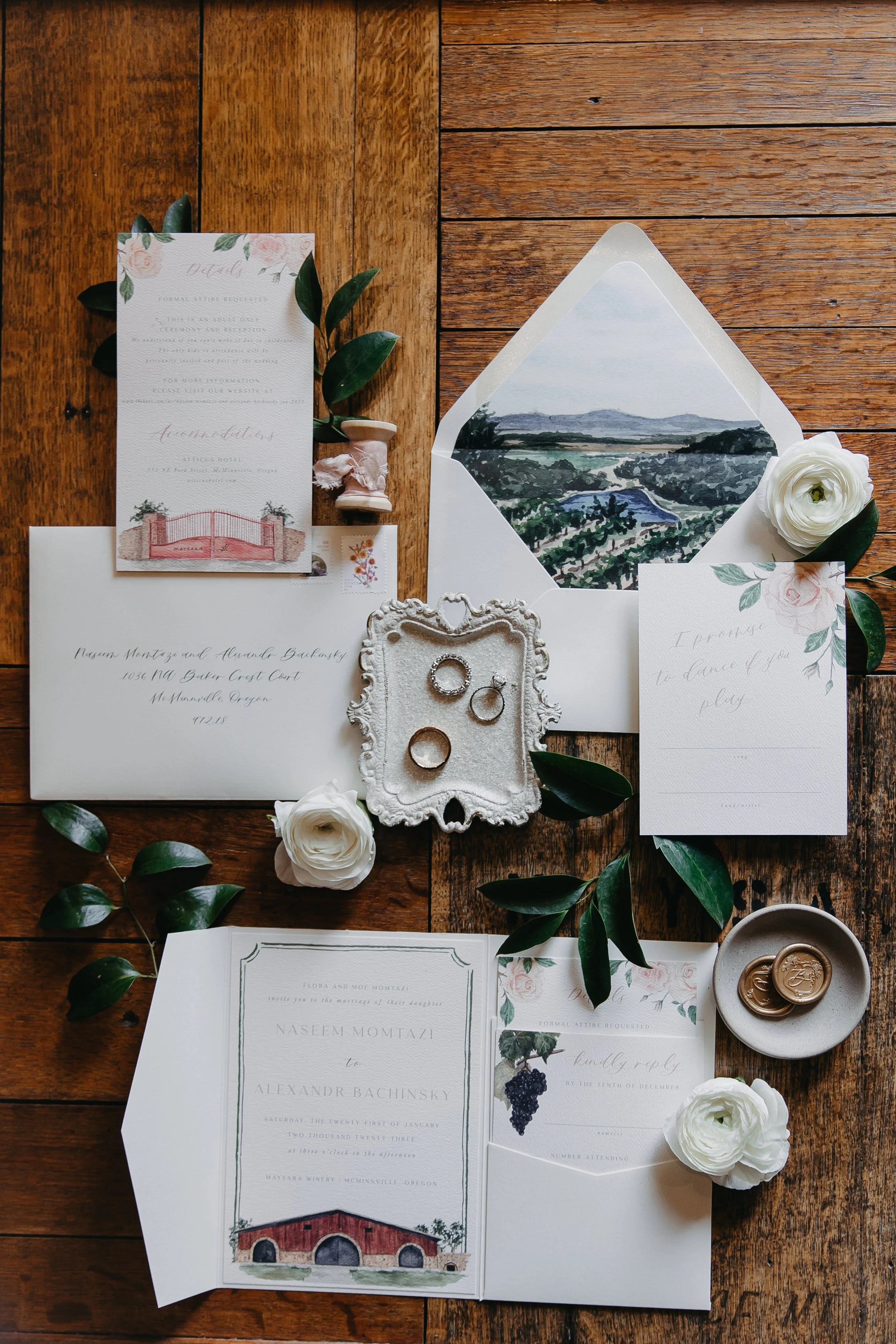 Watercolor wedding invitation suite of Maysara Winery with vintage details and wedding bands
