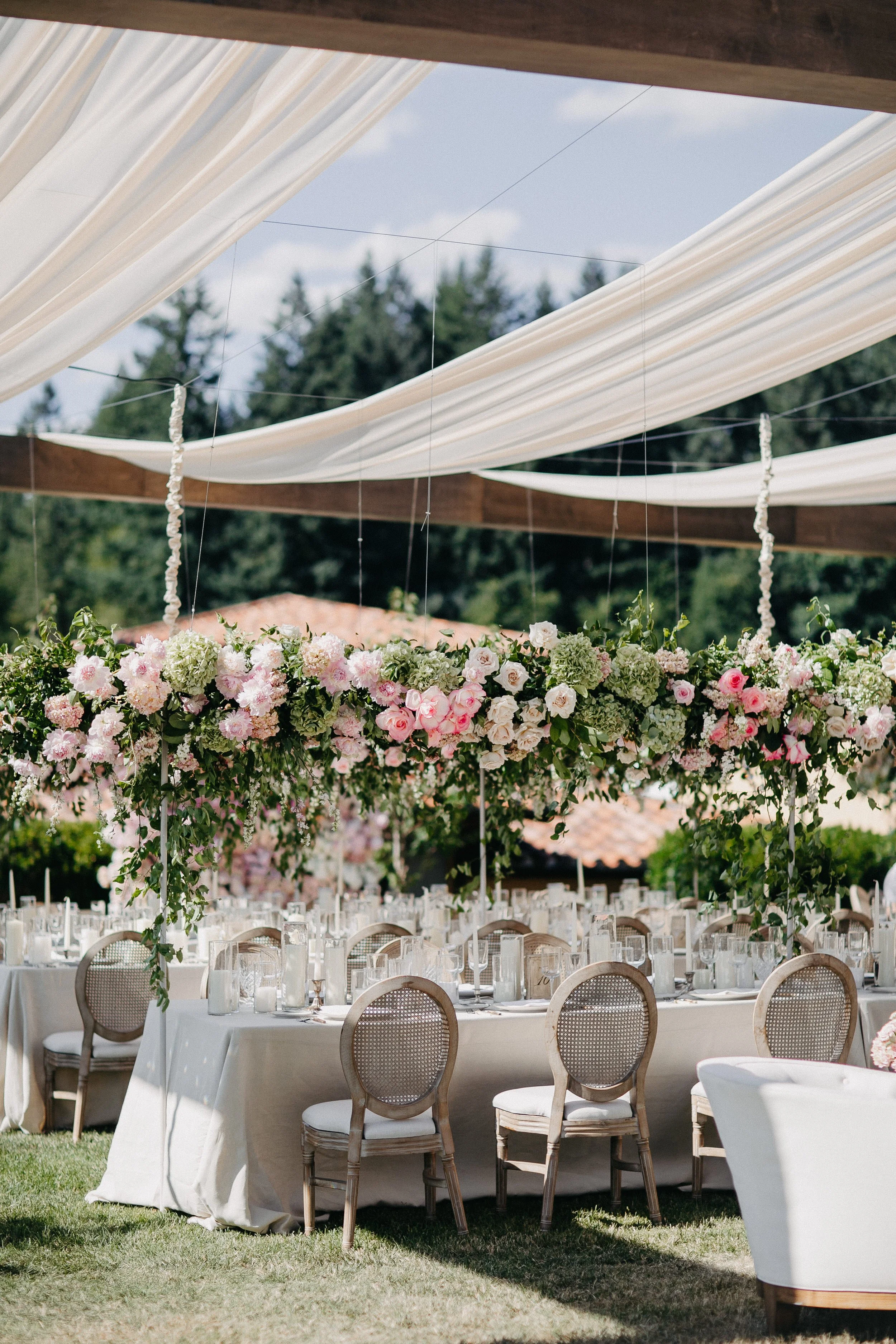 domaine serene wedding oregon wine country hanging floral installation