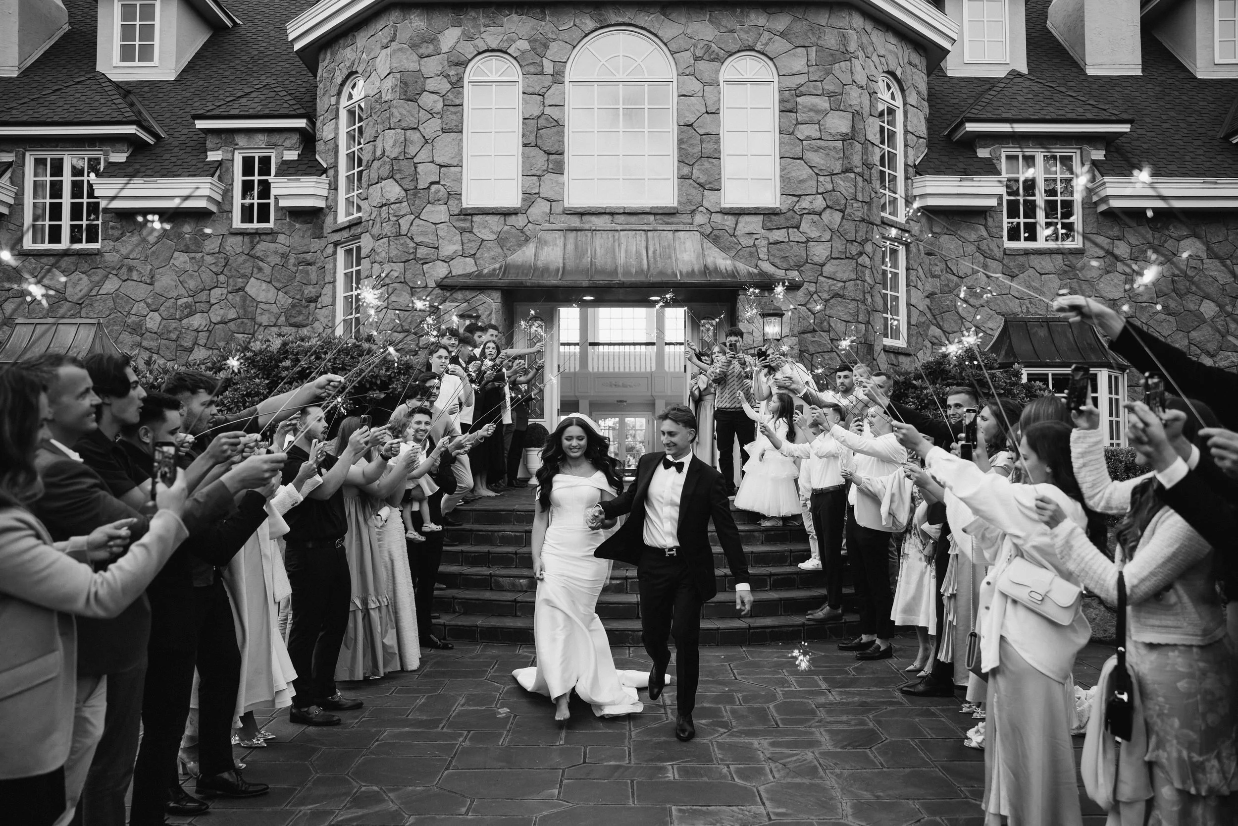 wedding reception sparkler exit black and white