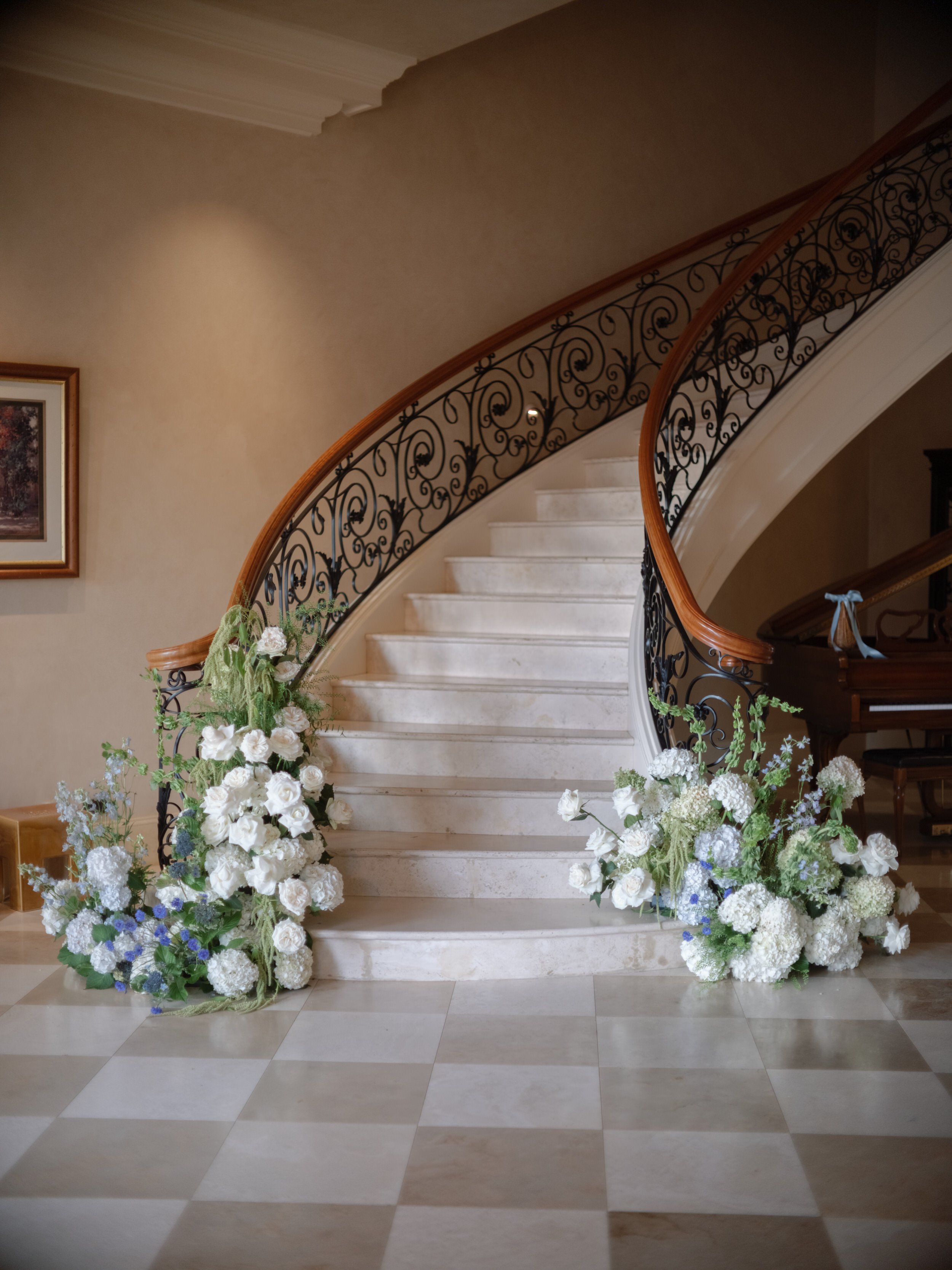 Wedding florals on staircase Oregon Wine Country