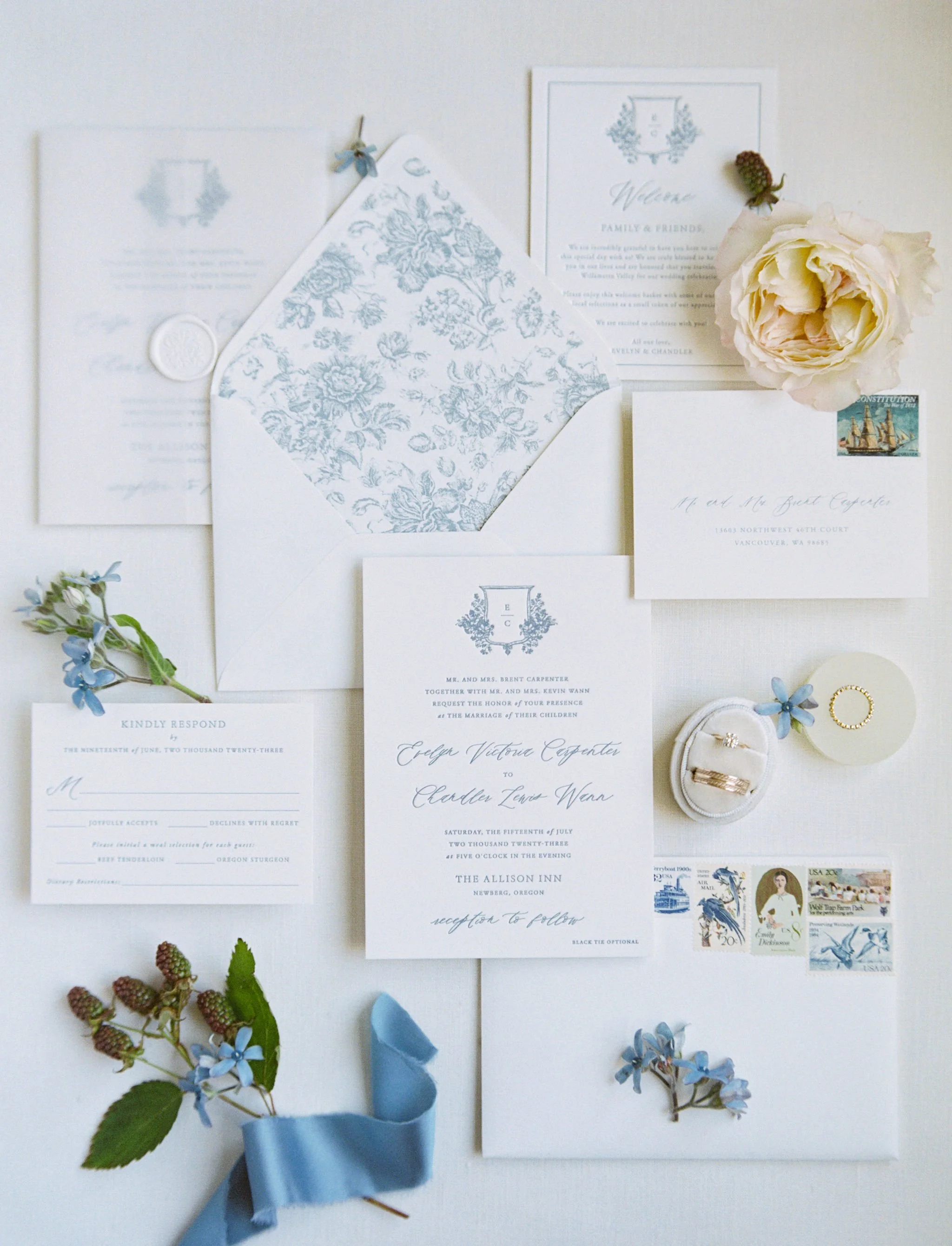 Wedding invitation suite flatlay for Oregon wine country wedding