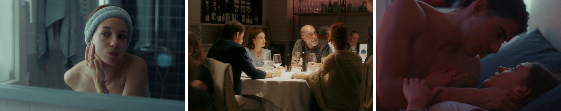 Three scenes: a woman looking out a window and touching her face, a group of people dining at a restaurant, and a romantic moment between a man and woman in bed.