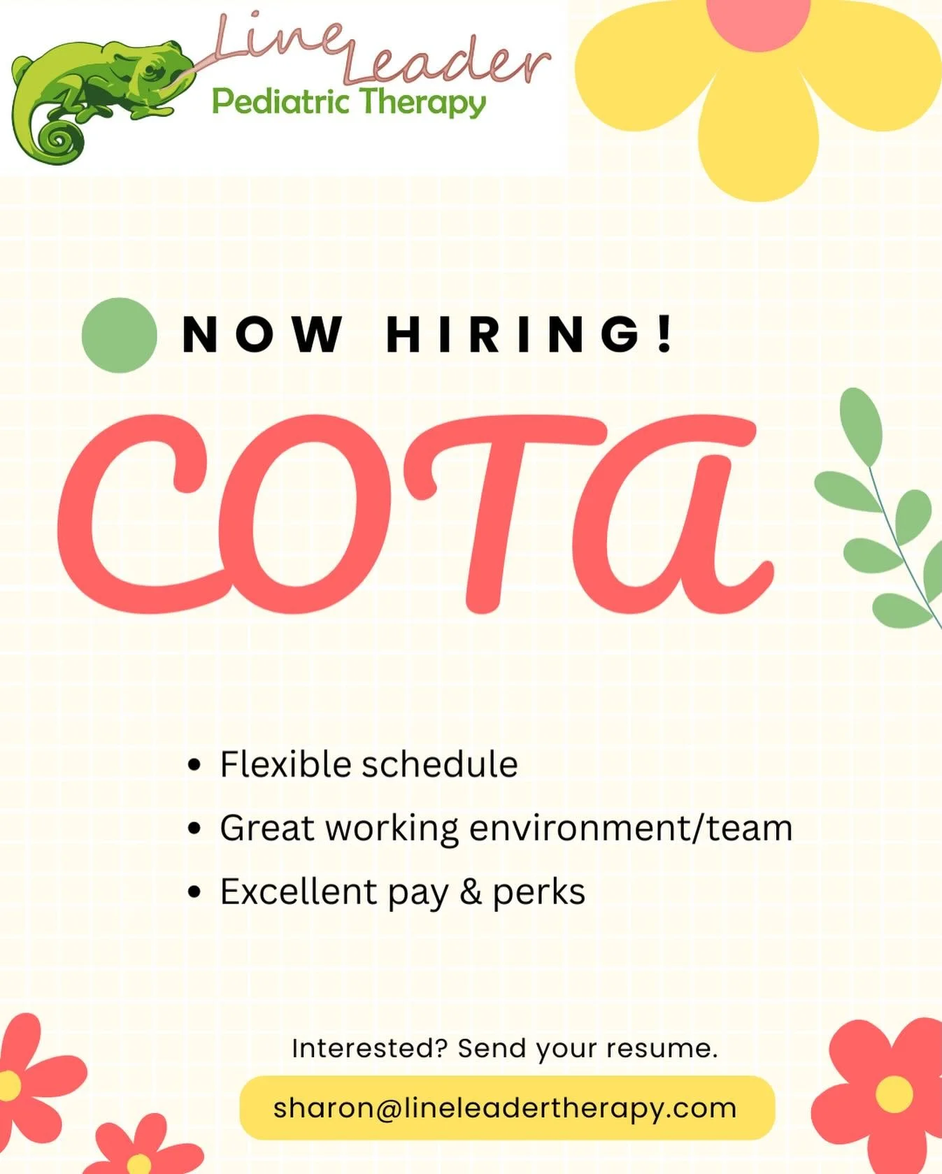 Exciting news! Wonderful COTA position available at Line Leader Pediatric Therapy! 

#AustinCOTA
#ATXOT
#OTJobs
#AustinOccupationalTherapy
#pediatricOT