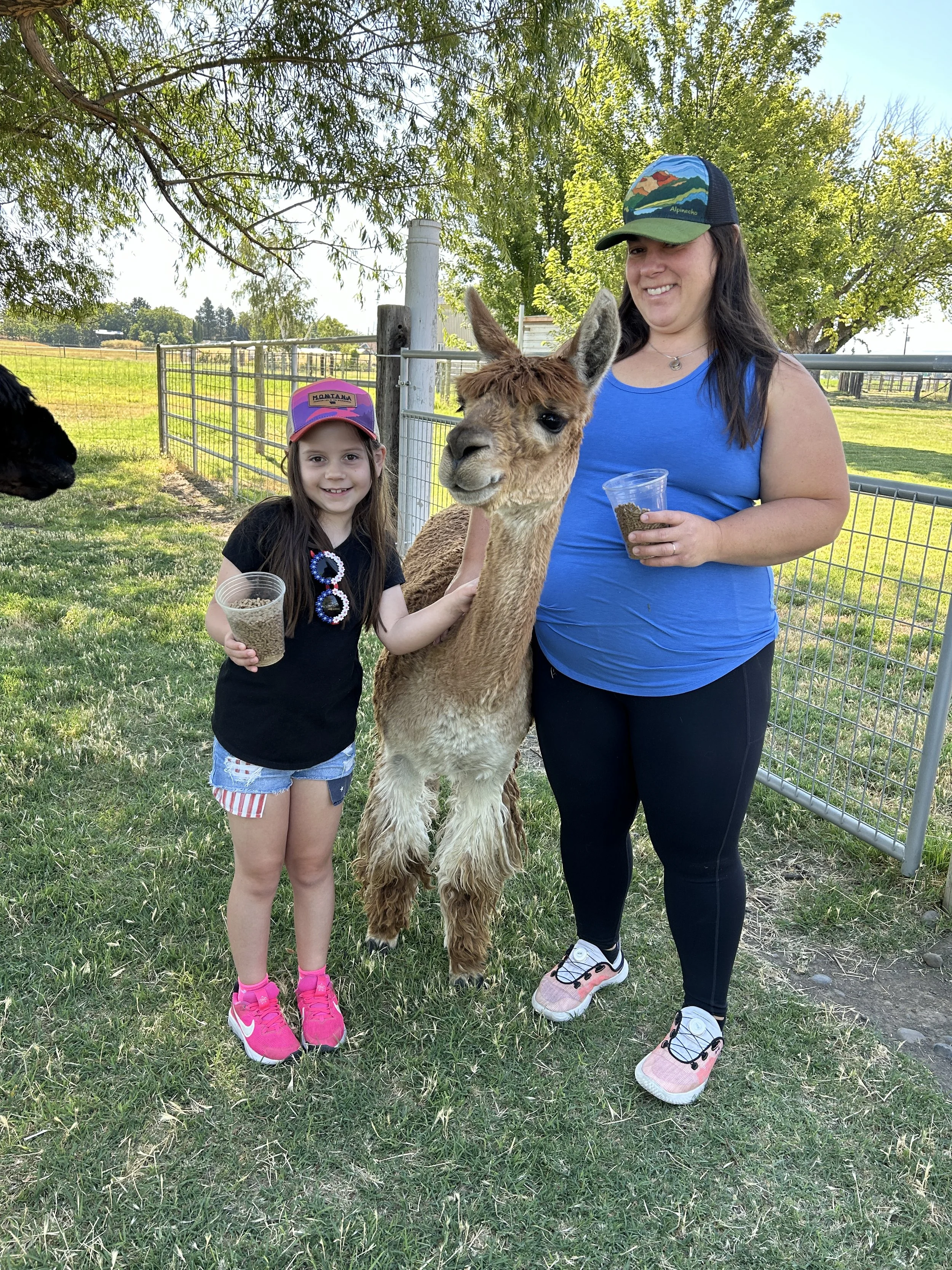 a young mom and her daughter posing with a friendly brown alpaca