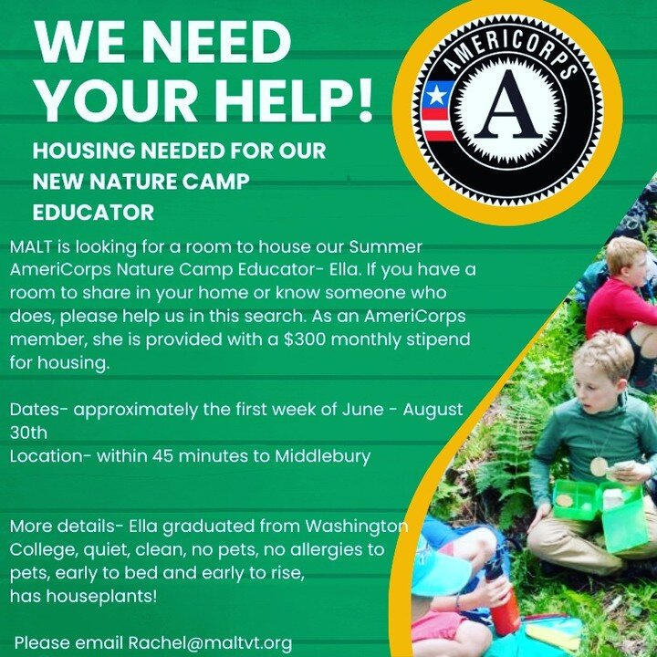 Requesting housing for our Summer AmeriCorps member. Please help us spread the word!