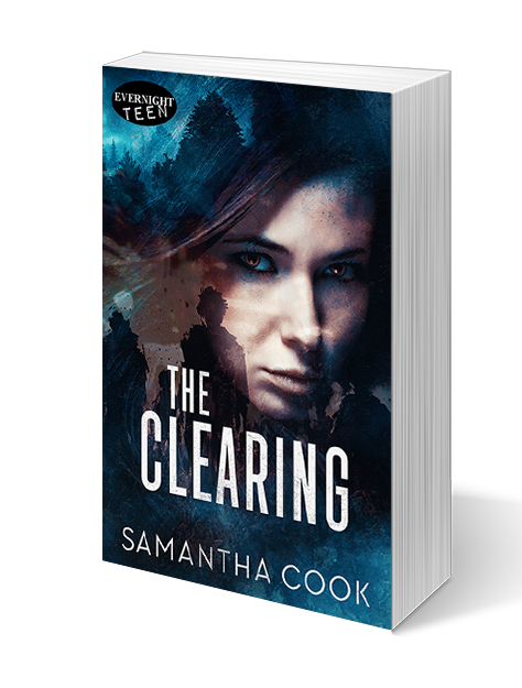 Cover of THE CLEARING by Samantha Cook. Blue cover with an uneasy girl on it, dark hair with reddish tint. Dark figures are rising up from the bottom, a forest in the background.