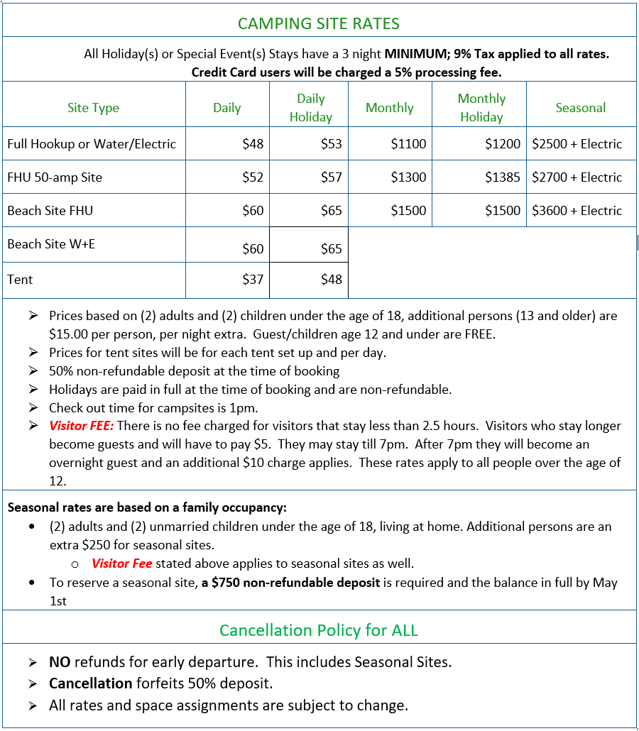 Rates — Stetson Shores Campground