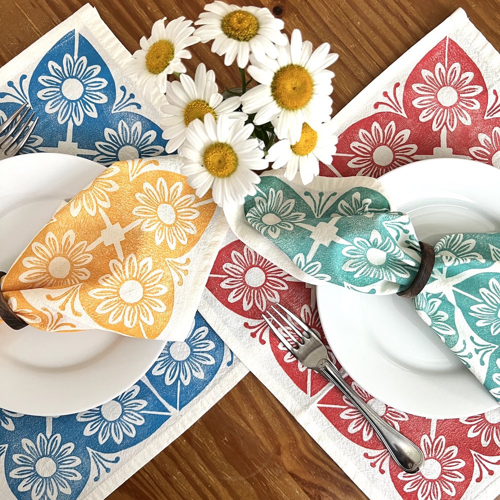 Hand Block-Printed Napkins  Daisy Tile — Nancy Enloe Prints