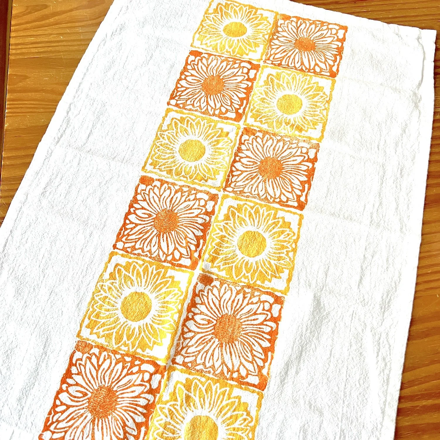 sunflower design on cotton tea towel