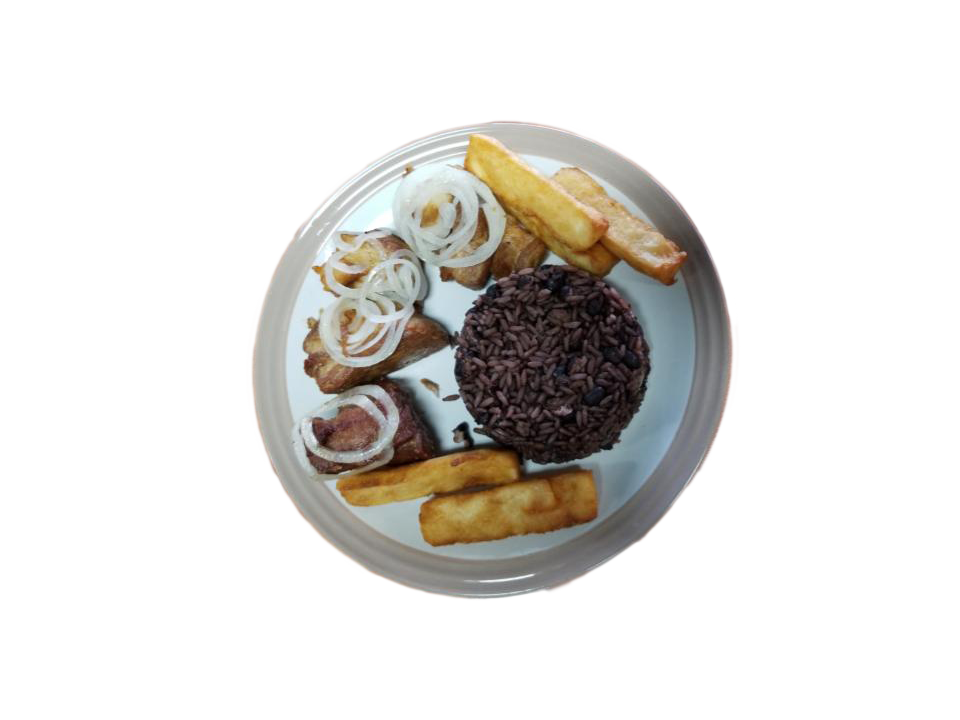 Fried Pork Chunks with Fried Yuca and Congris