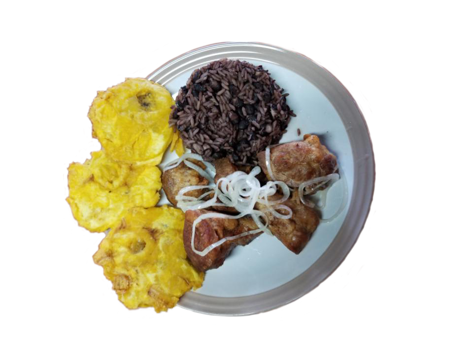 Fried Pork Chunks with Tostones and Congris