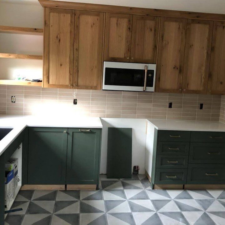 Work In Progress: It sure has been fun bringing charm back to this 1928 mill house kitchen! Color + Pattern = Character

#bendinteriordesign #bendremodel #bendhomes #kitchendesign