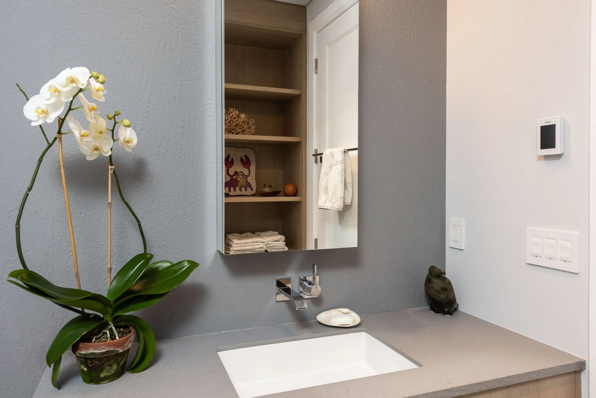 close up of medicine cabinet with shelves in modern style bathroom designed by hamptons architect Ernest Schieferstein