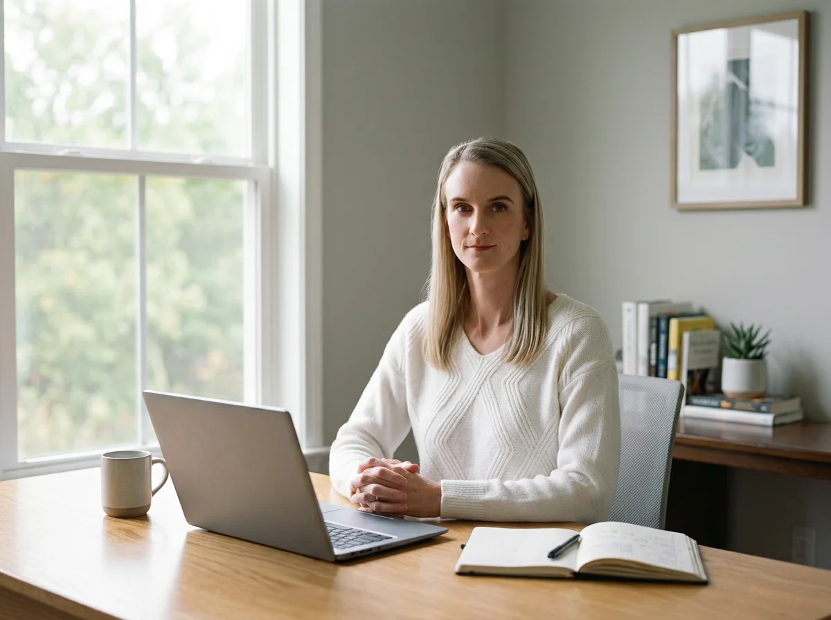 Krystal, a marketer for leadership coaches, is sitting at a desk with a laptop, notebook, and pen, in a well-lit room with a window and books in the background.