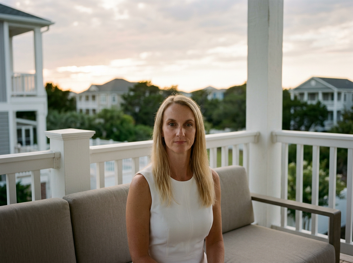 Krystal sitting on a beige outdoor sofa on a porch with a white railing, during sunset with houses and trees in the background. Posing for content strategy and marketing services for leadership coaches.