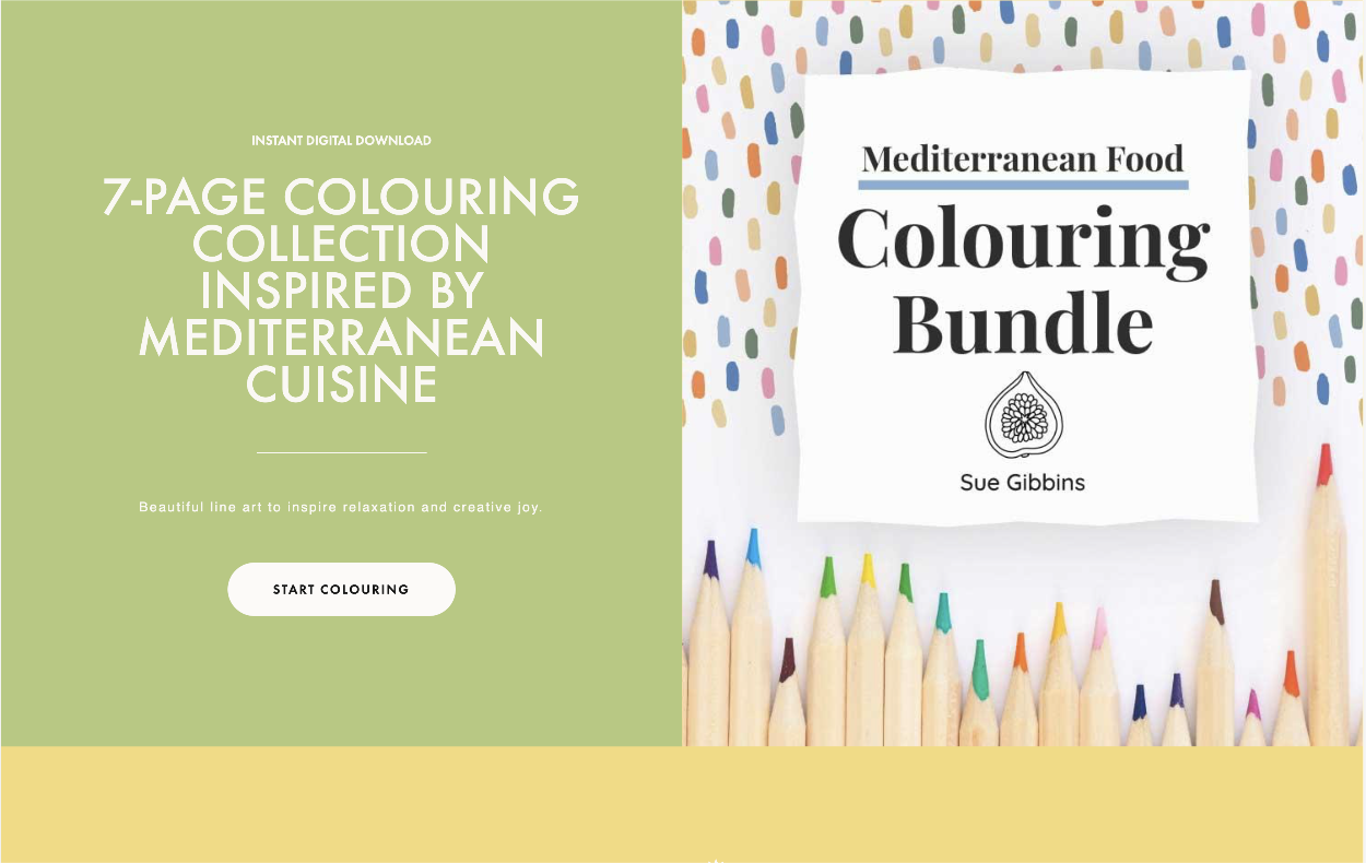 Mediterranean Food Colouring Bundle by Sue Gibbins (cover of PDF digital download pages)