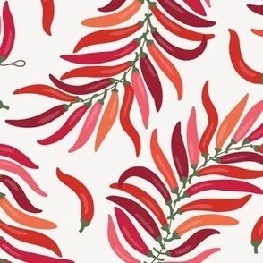 Ristras - Strings of Spicy Chilies - Fiery Hot Red on White - Pattern by Rocket & Indigo