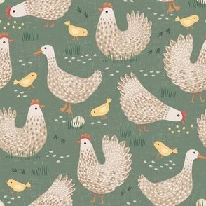 Farmyard Chickens - Hedge Green - Brown Free-Range Hens & Country Ducks by Rocket & Indigo