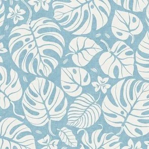 Monstera Leaves - Strato Blue & Cloud White by Rocket & Indigo