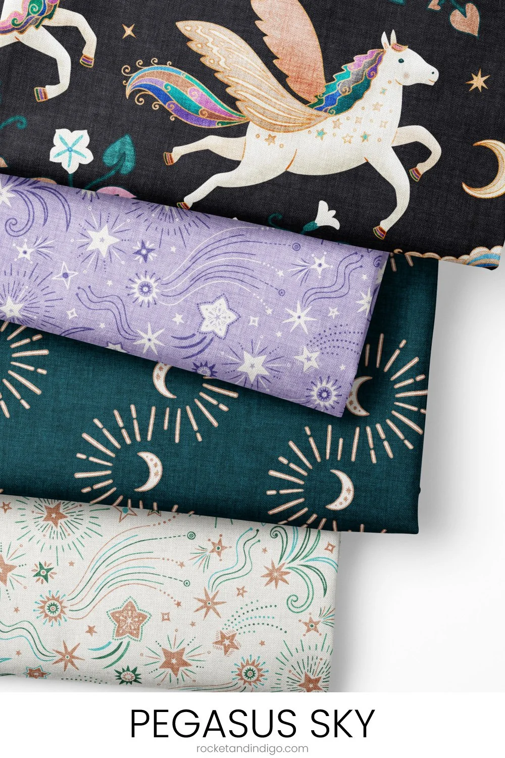 Pegasus mythical winged horses flying through a moonlit starry night sky over a dreamy celestial garden of nocturnal flowers.