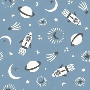 Outer Space Rockets - Blue - Planets Moons and Stars by Rocket & Indigo