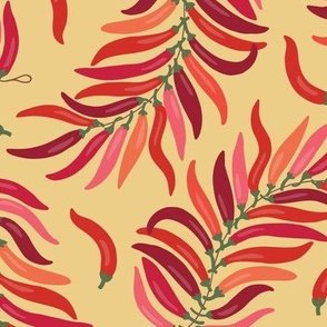 Ristras - Strings of Spicy Chilies - Fiery Hot Red on Yellow - Pattern by Rocket & Indigo