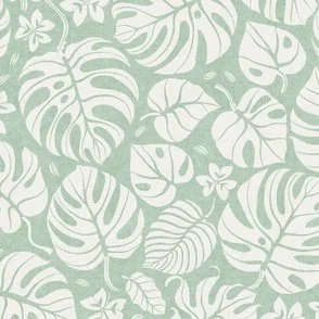 Monstera Leaves - Celadon Green & Cloud White by Rocket & Indigo