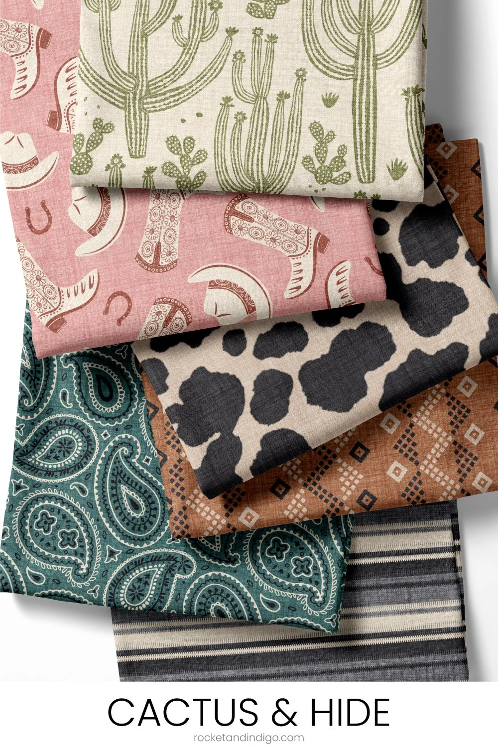 A western folk collection featuring block print-inspired desert botanicals, bold geometrics, and playful ranch motifs.
