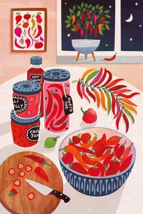 Chilli Harvest - Still Life - Kitchen Scene with Jars of Chilies & Ristras Illustration by Rocket & Indigo