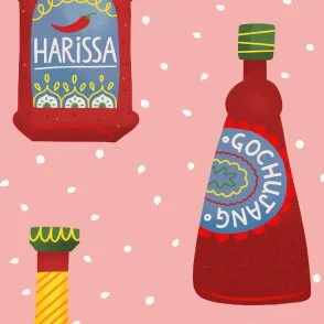 Hot Sauce - Spicy Red Chili Condiments - Pink & Blue - Pattern by Rocket & Indigo