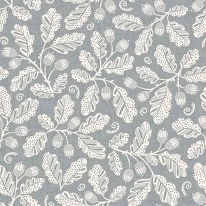 Acorn Bounty - Cream White on Blue-Gray Linen Oak Leaf Branches by Rocket & Indigo