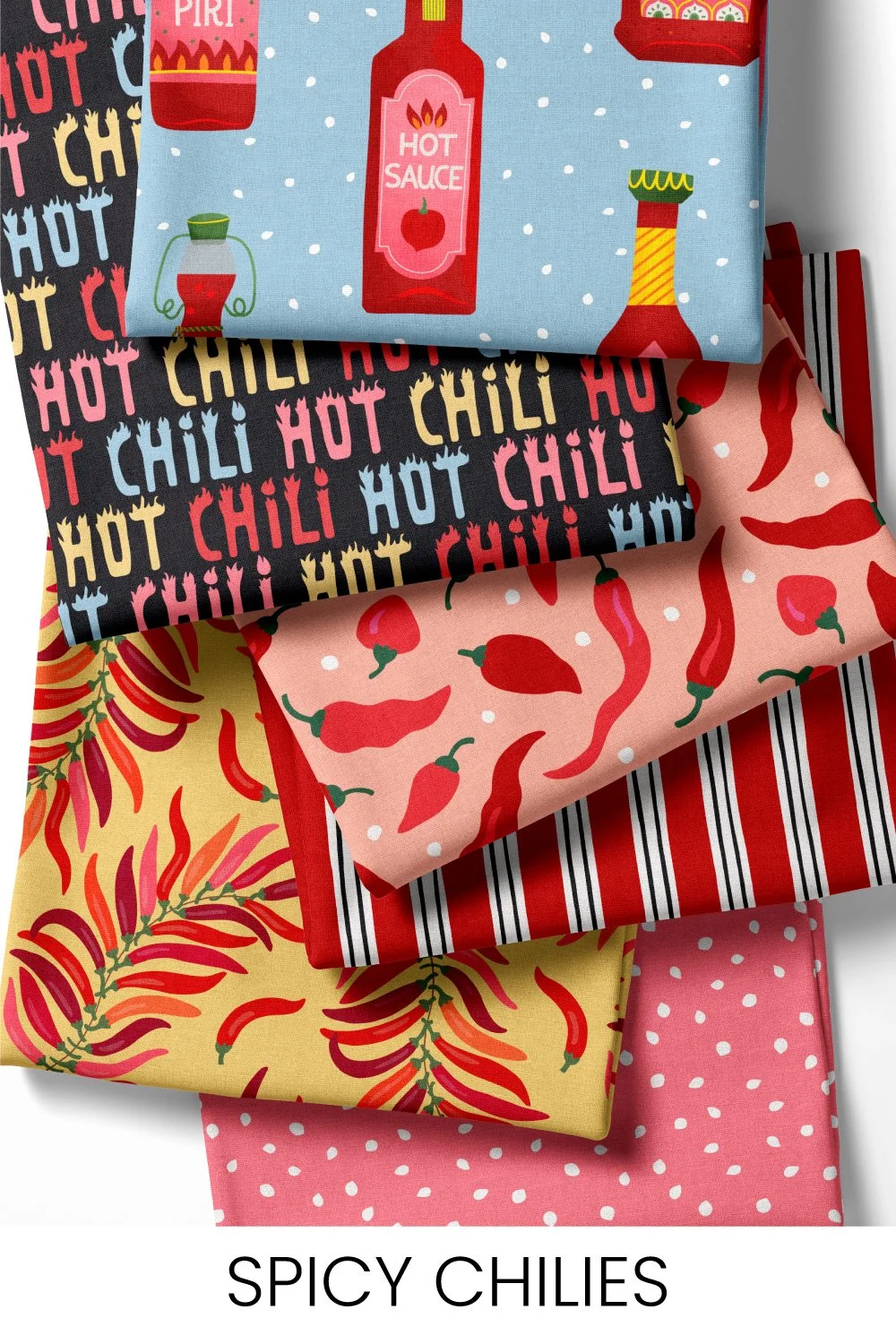 A bold, spicy collection of chilies, hot sauces, and fiery illustrations, perfect for tea towels, kitchen aprons, and gifts for chilli lovers.