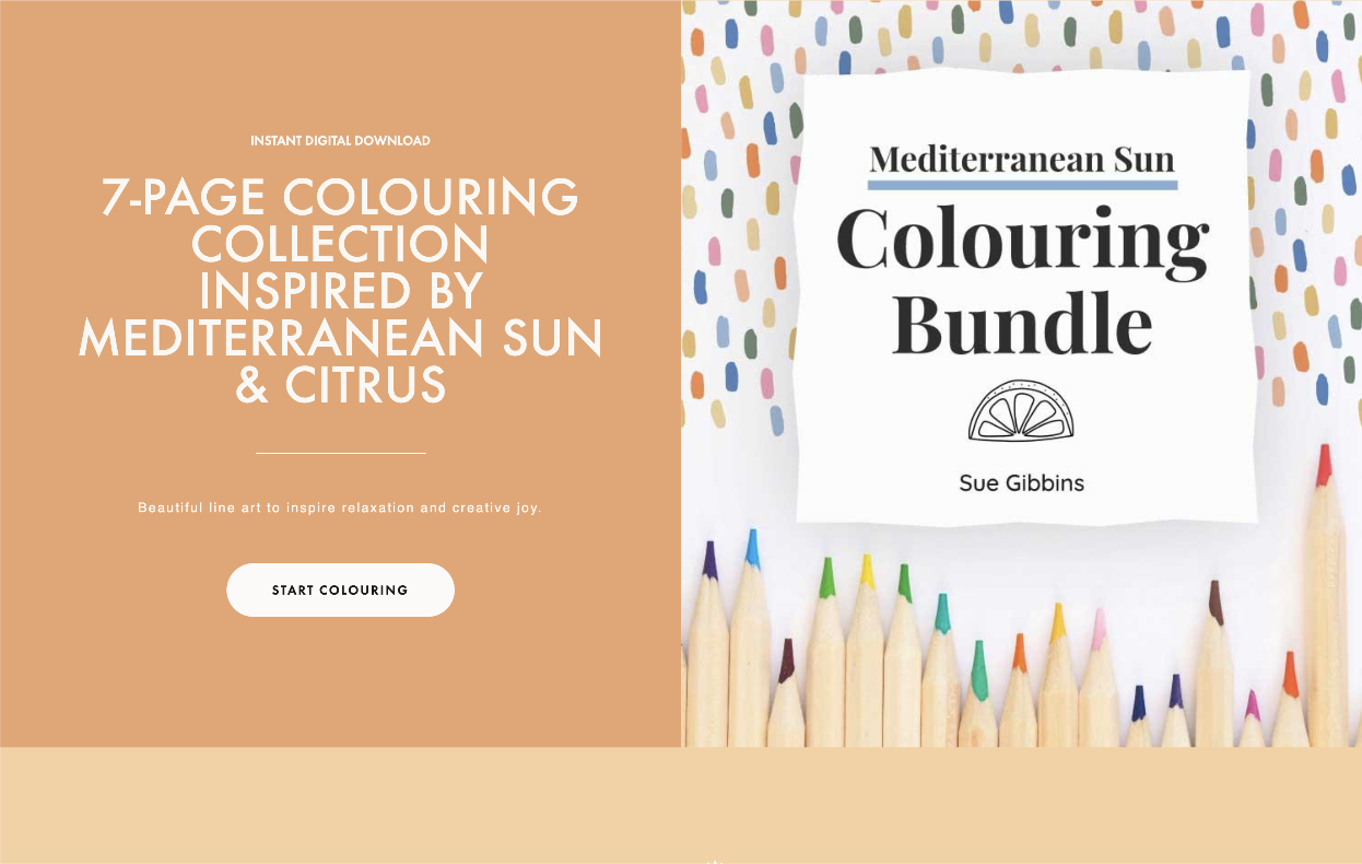 Mediterranean Sun Colouring Bundle by Sue Gibbins (cover of PDF digital download pages)