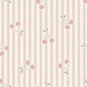 Cherries Ticking Stripe - Natural Warm Beige with Sweet Fruit Scatter by Rocket & Indigo