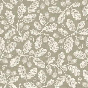 Acorn Bounty - Cream White on Soft Sage Linen Oak Leaf Branches by Rocket & Indigo