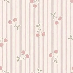 Cherries Ticking Stripe - Soft Blush Pink with Sweet Fruit Scatter by Rocket & Indigo